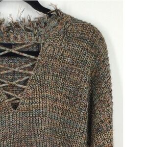 Y2K Multicolor Art Marled Lace-Up Knit Sweater with Distressed Fringe Hem M